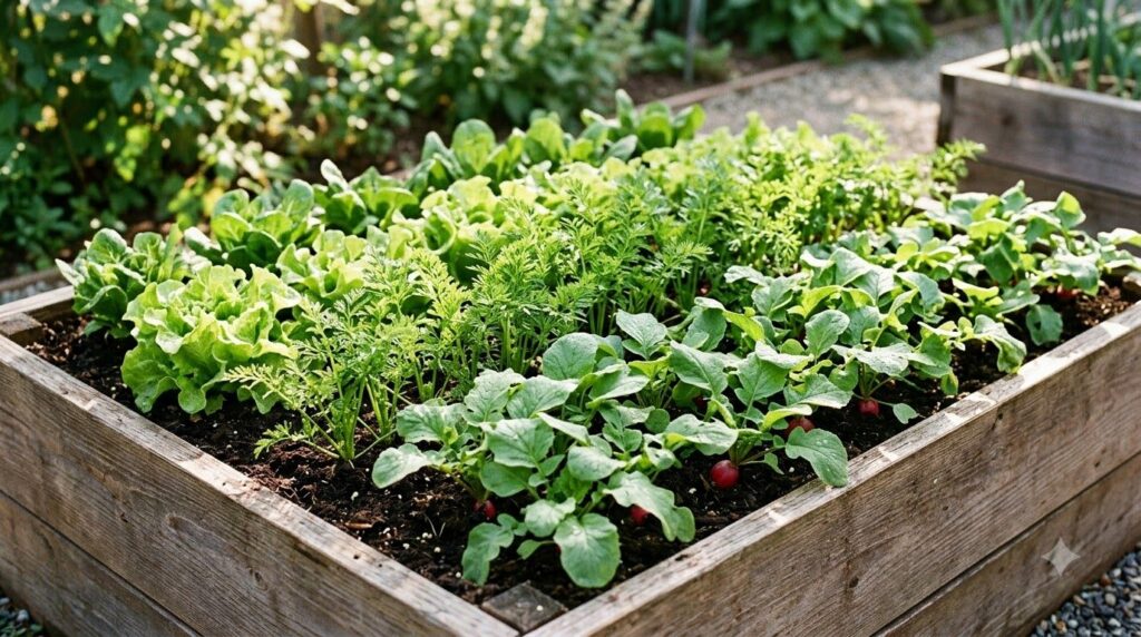 A lush raised garden bed filled with vibrant green vegetables growing in rich dark raised bed soil