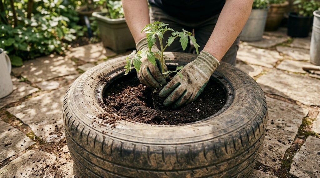 A gardener gently planting a tomato seedling into a repurposed tire filled with rich potting mix with gardening gloves a