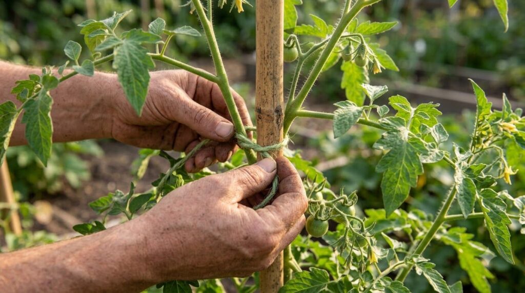 Close-up of a gardener tying a tomato stem to a bamboo stake with soft garden twine showing healthy green foliage and sm