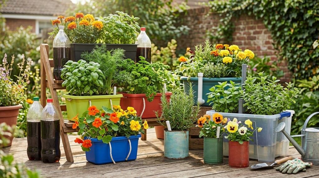 A variety of healthy plants thriving in different DIY self-watering containers showcasing lush foliage and vibrant flowe