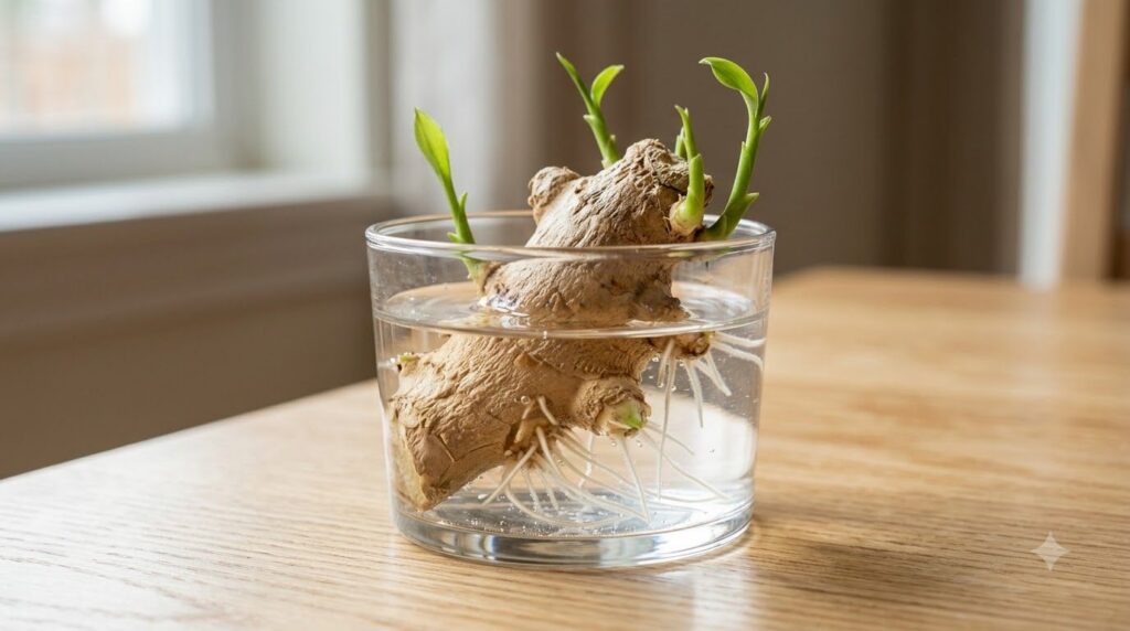 A close-up of a ginger rhizome submerged in a clear glass of water showing well-developed white roots extending into the