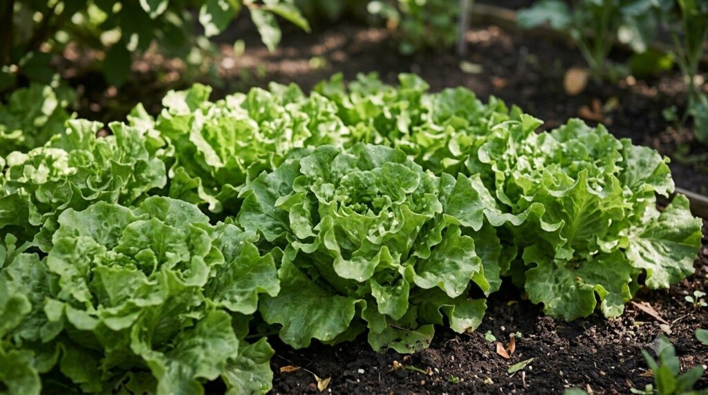 A close-up of vibrant green lettuce leaves growing in a garden bed under dappled sunlight looking fresh and healthy