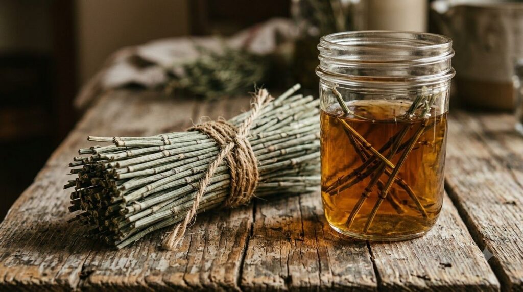 A close-up of a neatly tied bundle of dried horsetail stalks next to a clear mason jar containing an amber liquid infuse