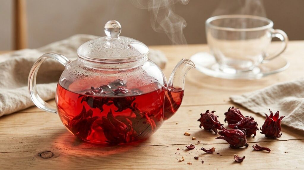 A clear glass teapot filled with vibrant red Rosella tea with dried rosella calyces visible inside steeping Steam rises 
