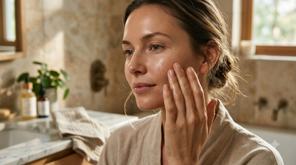 A person gently massaging a few drops of clove-infused oil onto their face and neck with soft glowing skin visible The f