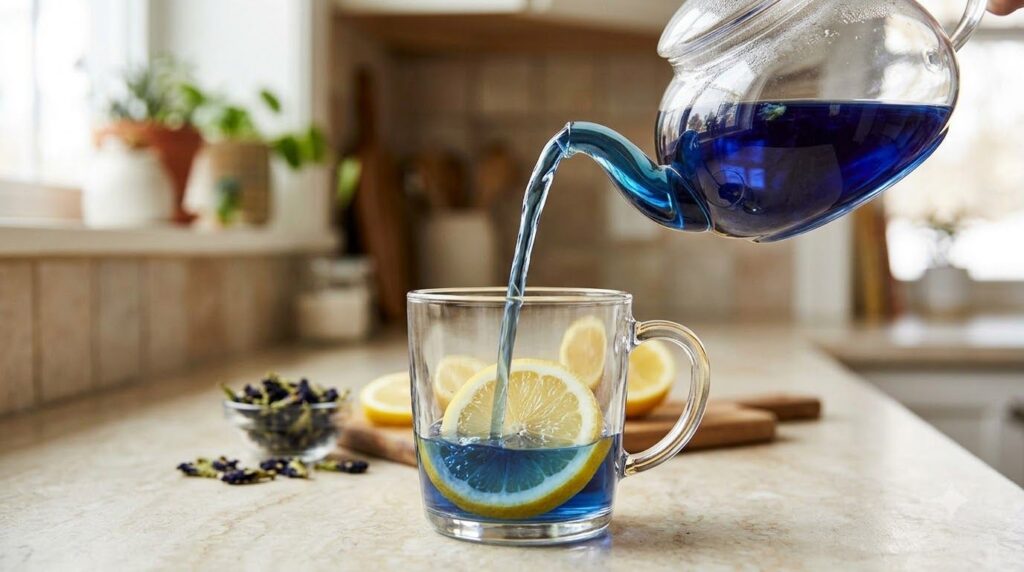 A clear glass teapot pouring vibrant blue butterfly pea tea into a clear glass mug with a lemon slice highlighting the c