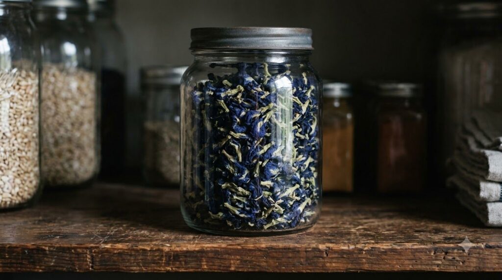 A clear glass jar filled with dried vibrant blue butterfly pea flowers sealed with a lid and sitting on a wooden shelf i