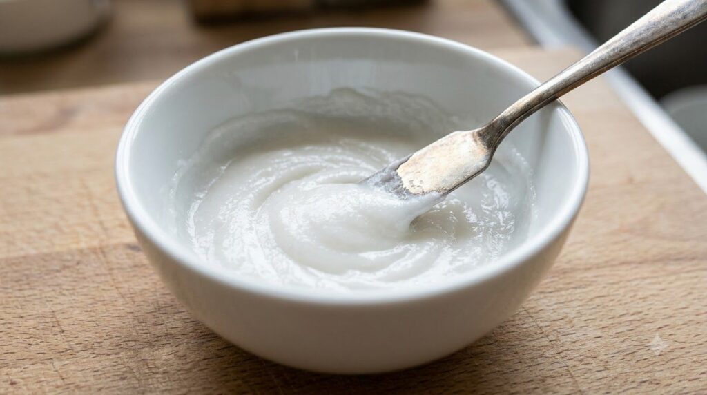A close-up of a small bowl containing the mixed paste of baking soda hydrogen peroxide and petroleum jelly A clean spatu