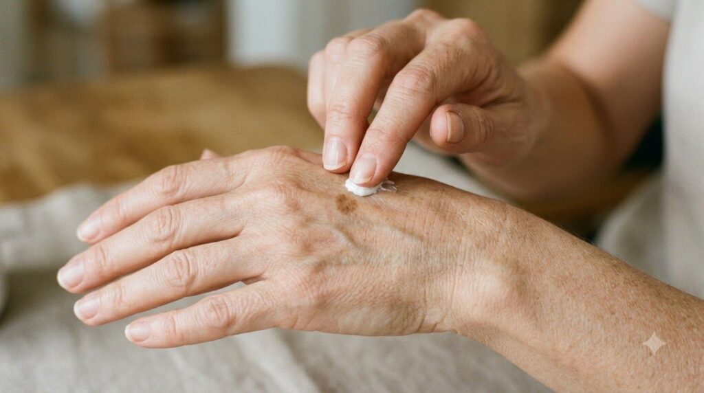 A woman s hand gently applying the paste to a small age spot on the back of her other hand The focus is on the applicati