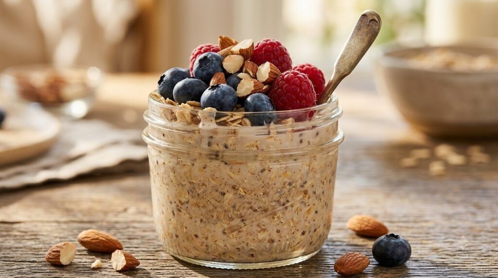 A close-up shot of a glass jar filled with perfectly creamy overnight oats topped with fresh berries and nuts ready to e