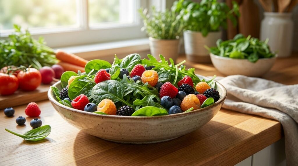 A vibrant bowl of fresh spinach with other leafy greens and a few berries symbolizing healthy ingredients for hair growt