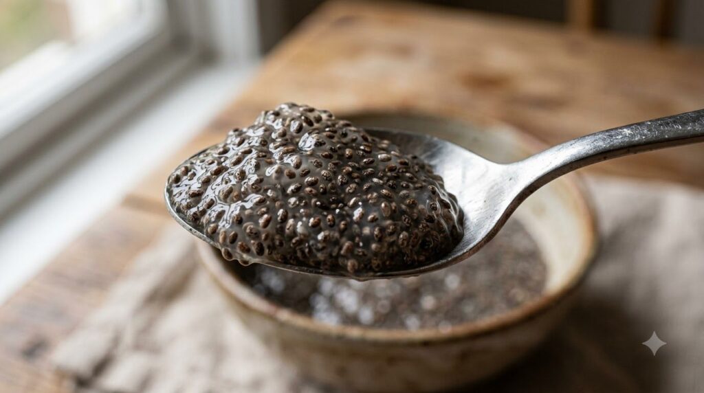 A spoonful of gelled chia seeds showcasing their unique texture ready to be added to a dish