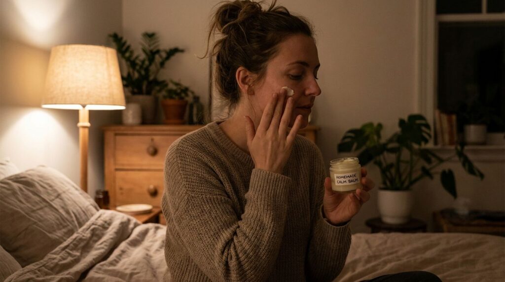 A small jar of homemade cream being applied to a woman s face at night