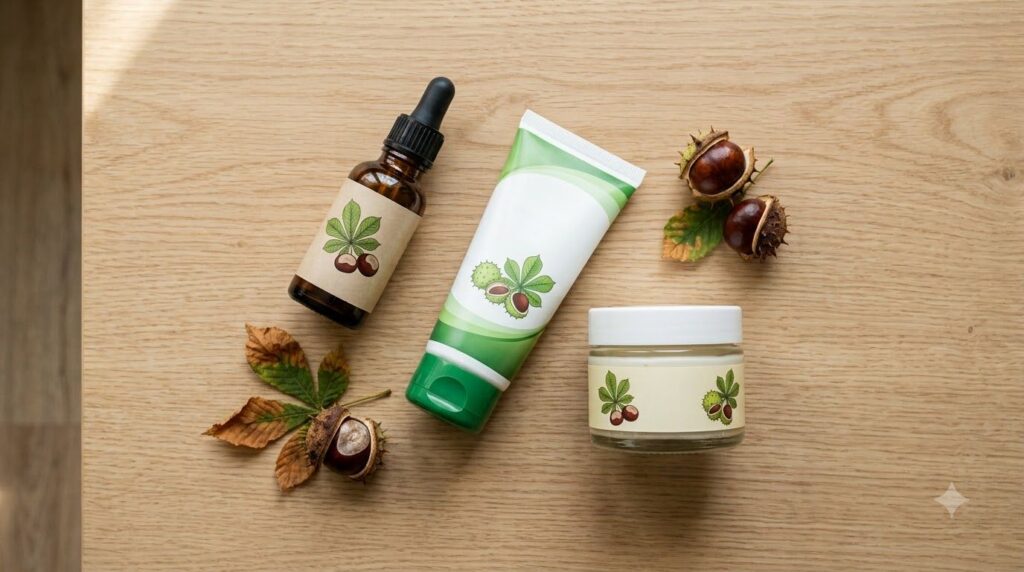 A variety of commercially available Horse Chestnut products including a liquid extract bottle a tube of gel and perhaps 