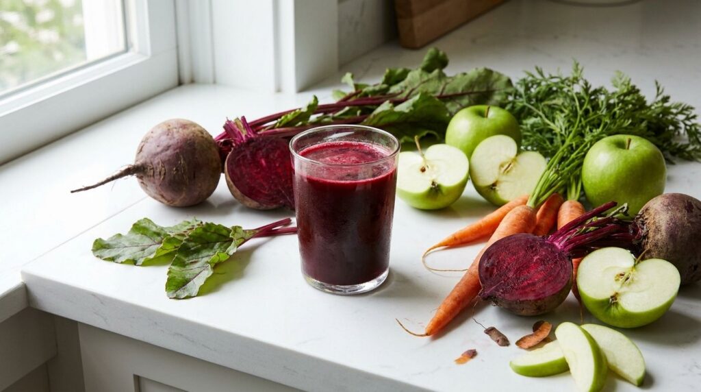 A glass of dark red root juice with beets carrots and apples around it on a white background