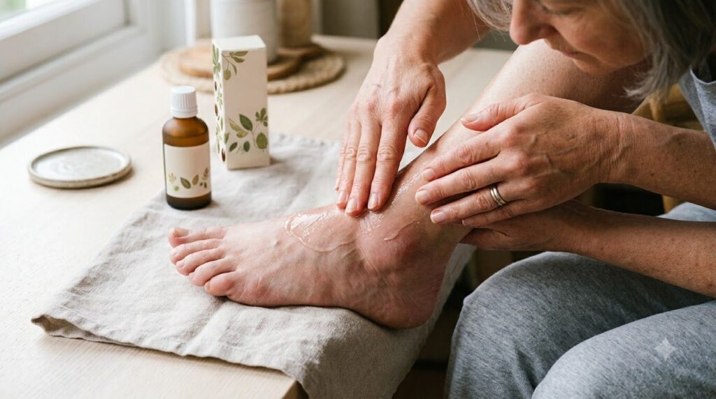 A person s hands gently applying a thin layer of Horse Chestnut gel or cream to a swollen ankle and foot with a bottle o