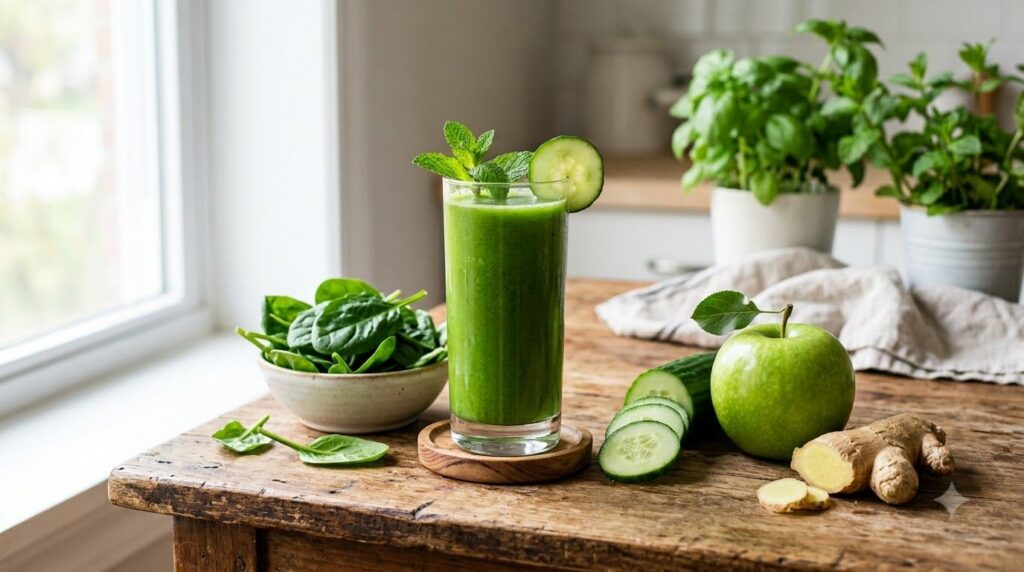 A tall glass of vibrant green juice with fresh spinach cucumber green apple and ginger next to it on a wooden table