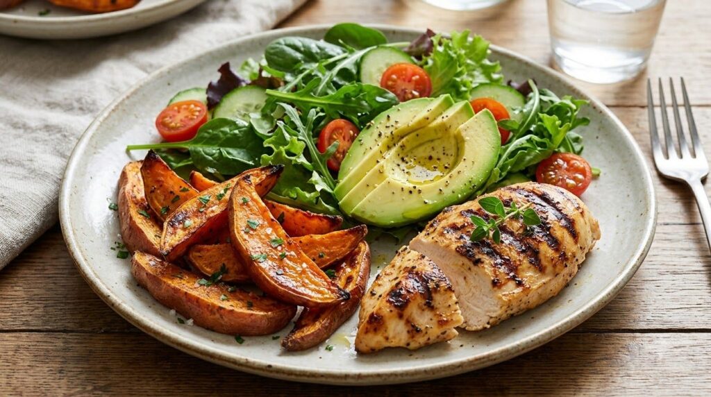 A vibrant healthy meal featuring several potassium-rich foods like roasted sweet potatoes a green salad with avocado and