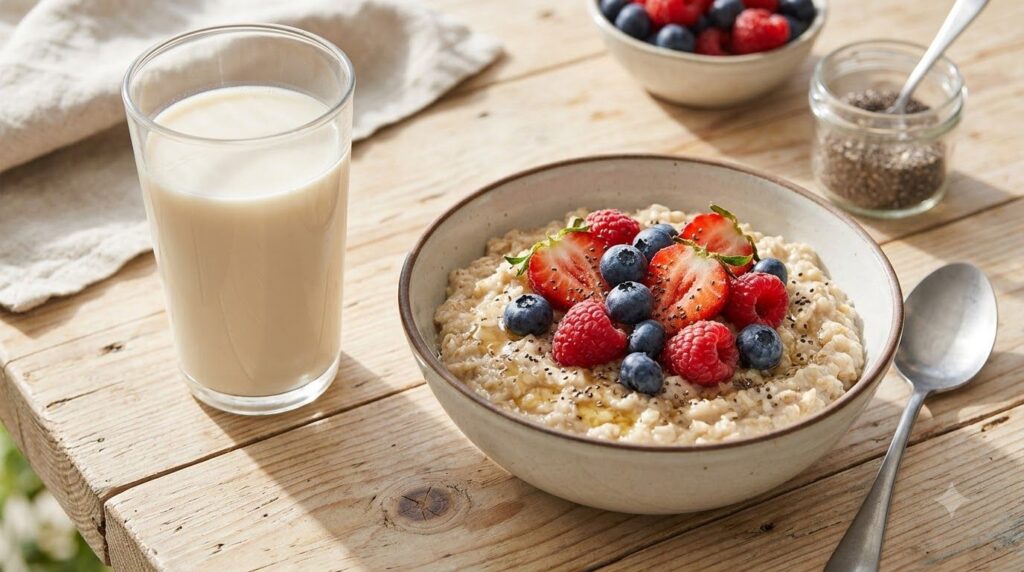 A glass of fortified almond milk next to a bowl of oatmeal topped with berries and chia seeds