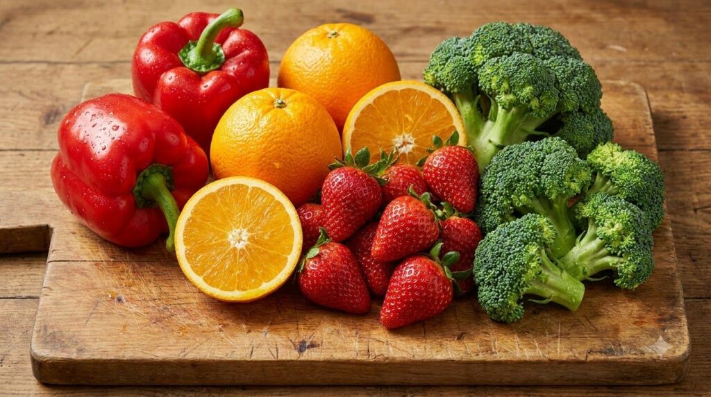A variety of colorful fruits and vegetables rich in Vitamin C such as oranges bell peppers strawberries and broccoli arr