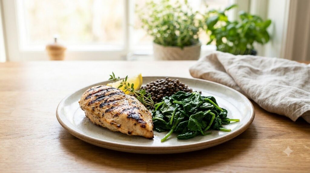 A plate with a balanced meal containing both animal-based heme and plant-based non-heme iron sources such as a piece of 