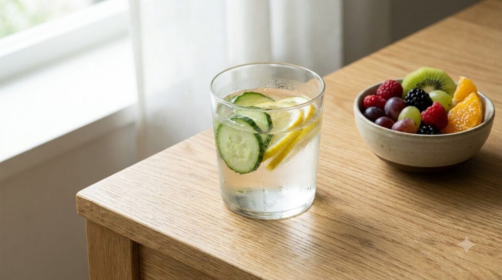 A glass of water infused with cucumber and lemon slices next to a bowl of fresh fruit