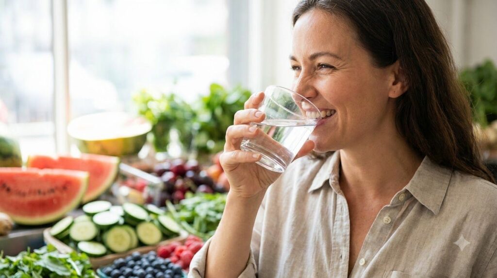 A person happily drinking a glass of water with various hydrating fruits and vegetables in the background