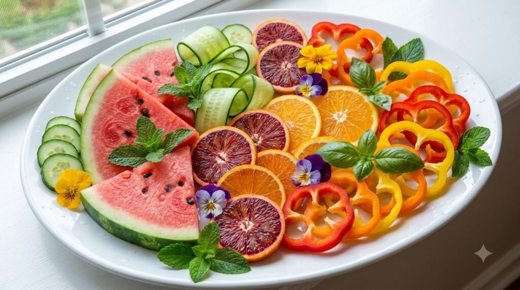 A colorful array of sliced hydrating fruits and vegetables arranged artfully on a platter