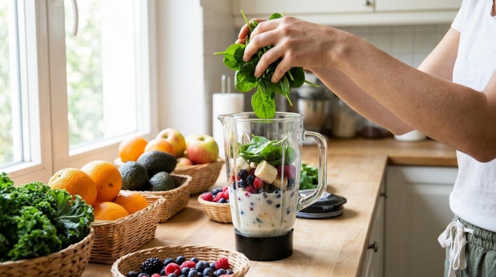 A person preparing smoothie ingredients in a kitchen with various fruits vegetables and a blender on the counter The sce