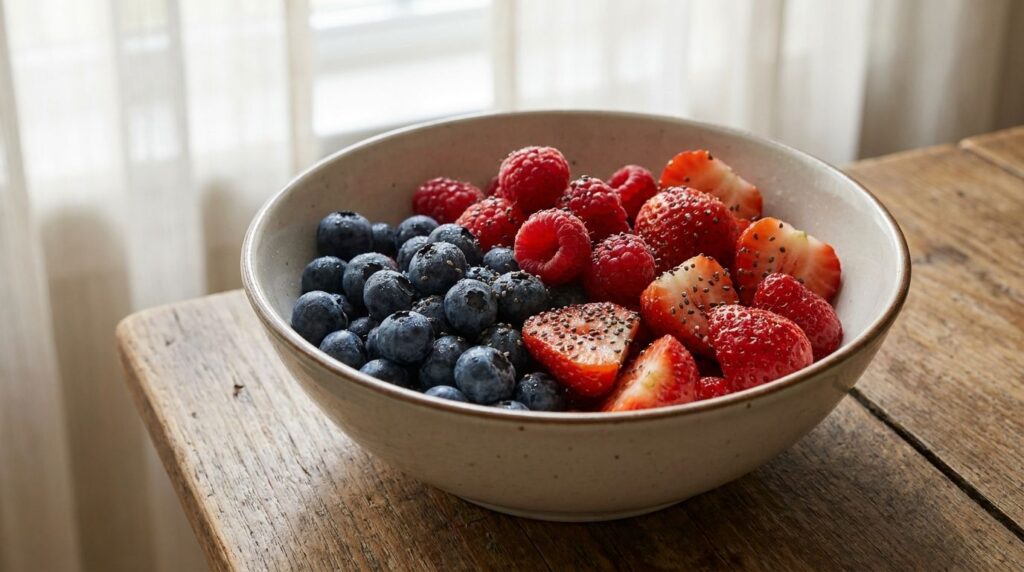 A bowl of mixed berries with some chia seeds sprinkled over them