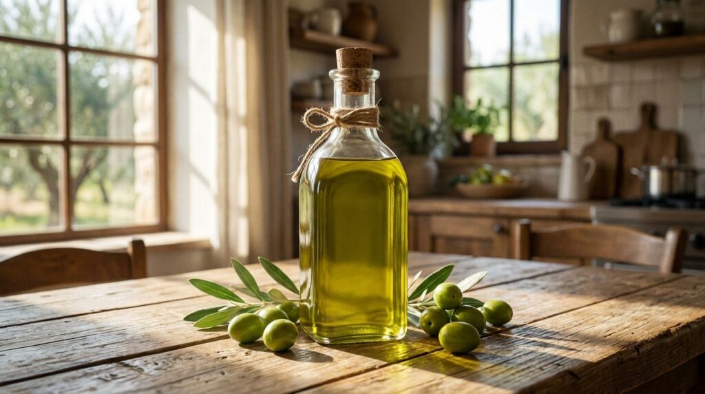 A bottle of extra virgin olive oil with fresh olives and leaves beside it