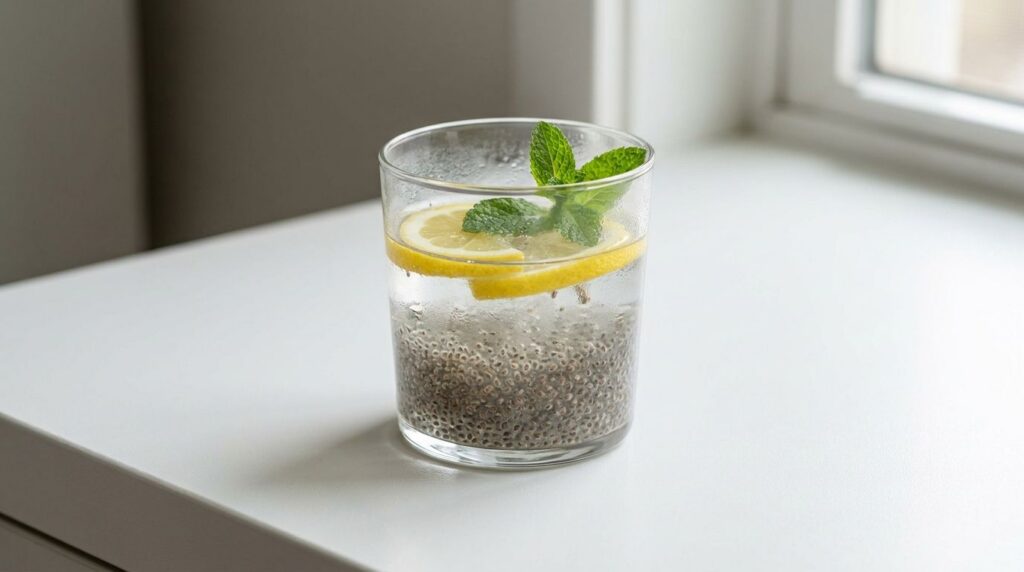 A glass of chia seeds soaked in water with lemon slices and mint leaves looking refreshing