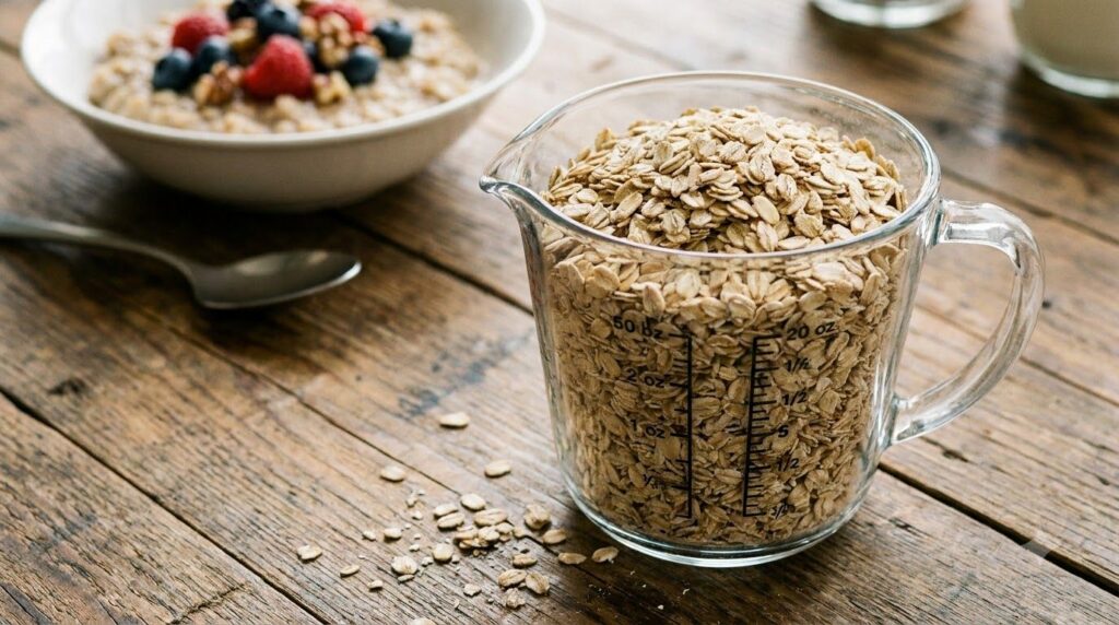 Close-up of a measuring cup filled with dry rolled oats next to a bowl of cooked oatmeal with a spoon