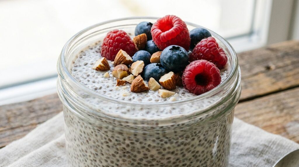 A bowl of creamy chia pudding made with milk topped with fresh berries and nuts ready to eat