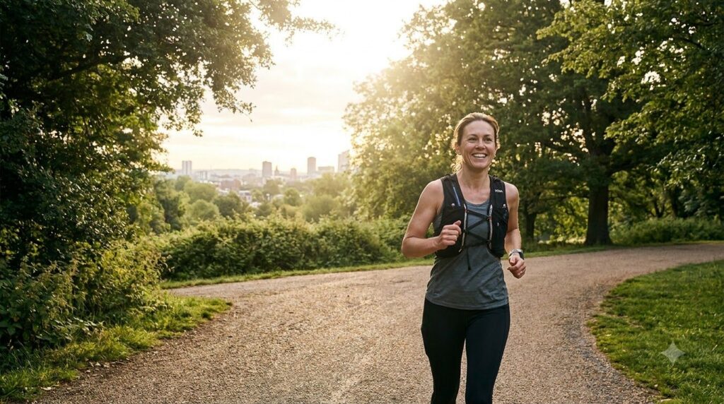 A person looking energetic while jogging highlighting the link between portion size and activity level