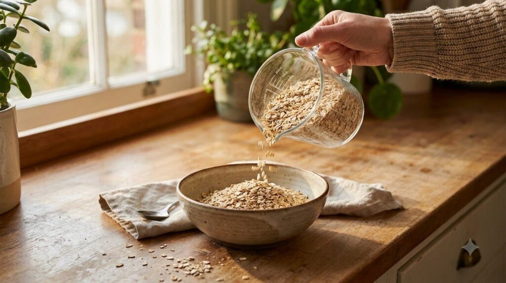 A measuring cup filling a bowl with dry rolled oats emphasizing accurate measurement