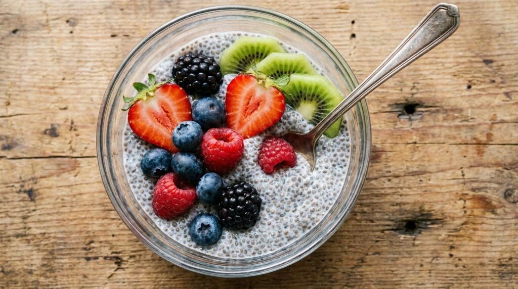 A bowl of chia seeds with a variety of colorful fruits like berries and kiwi illustrating a healthy and nutritious meal