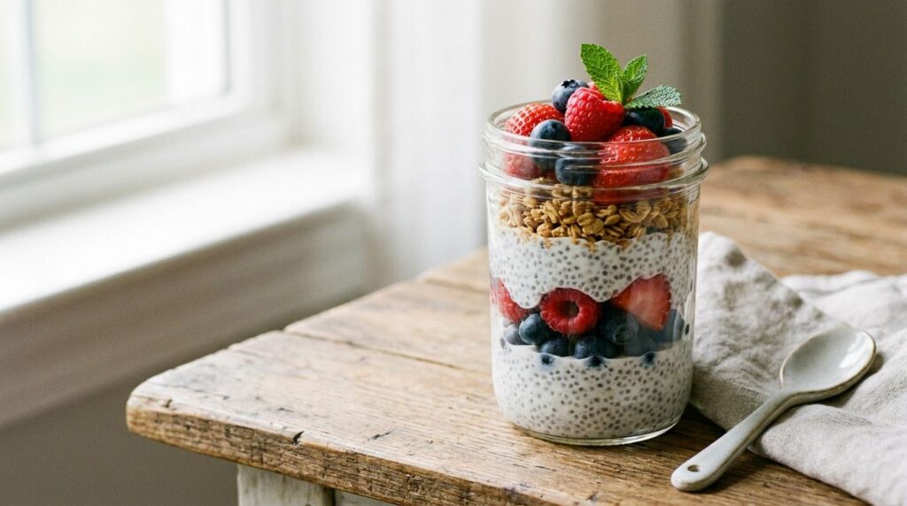A close-up of a colorful chia pudding parfait with layers of fruit and yogurt ready to be eaten