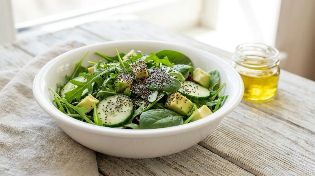 A vibrant salad topped with dry chia seeds illustrating their use for crunch and texture