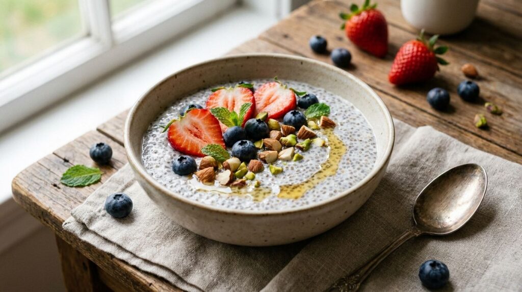 A bowl of chia seed pudding with fresh berries and nuts highlighting the gel-like texture