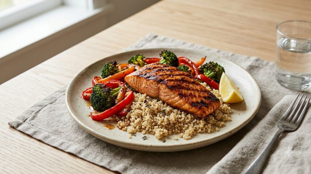 A vibrant balanced meal with grilled salmon quinoa and a colorful mix of roasted vegetables like broccoli and bell peppe