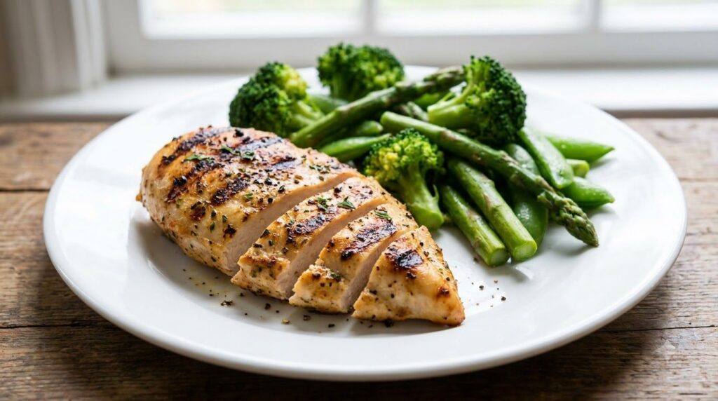 A perfectly grilled chicken breast sliced and served with a side of steamed green vegetables on a white plate with natur