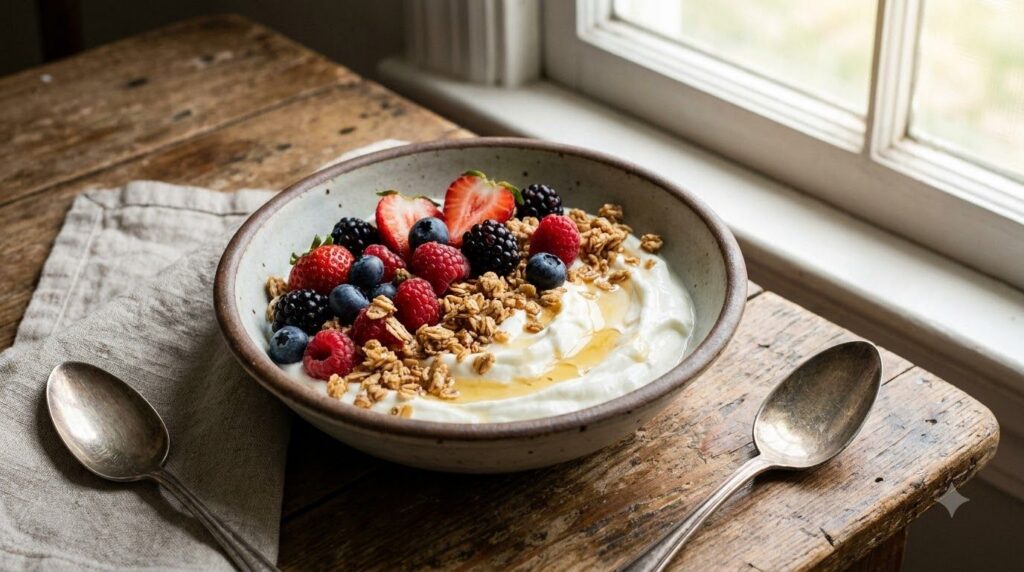 A bowl of creamy Greek yogurt topped with fresh berries and a sprinkle of granola on a wooden table
