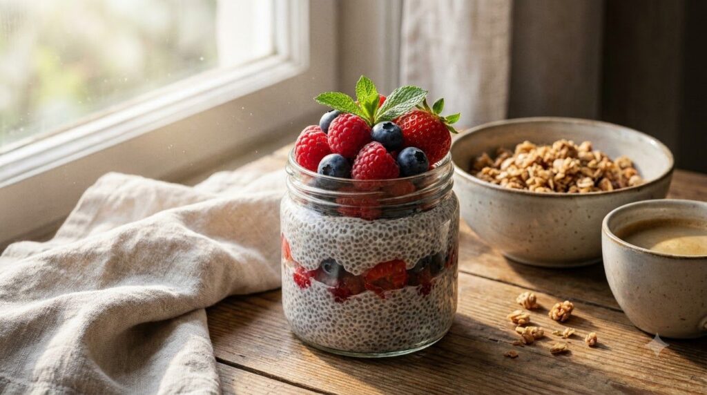 A bowl of chia seed pudding topped with fresh berries illustrating a common use for chia seeds