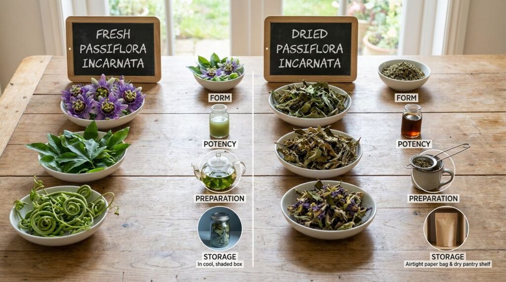 A comparison table for fresh vs dried passion flower detailing their forms uses and storage