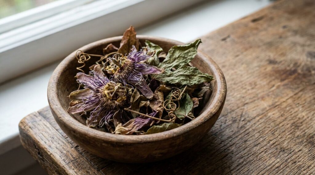 Close-up of dried Passiflora incarnata leaves and flowers in a bowl ready for tea preparation