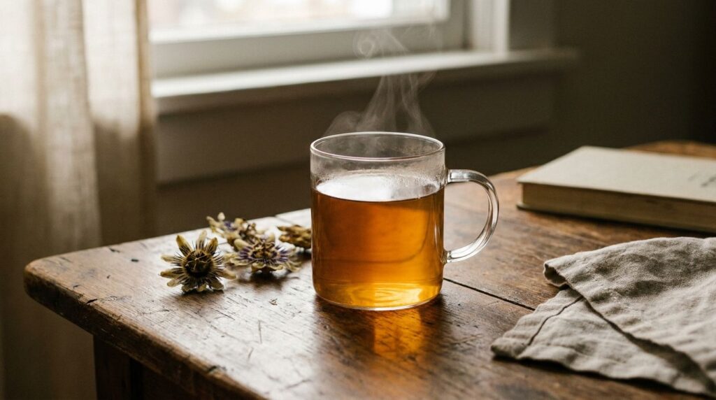 A glass mug filled with amber passion flower tea steaming gently on a wooden table