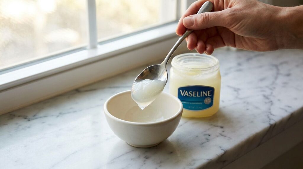 A hand scooping a small amount of Vaseline from its jar into a ceramic bowl on a marble counter