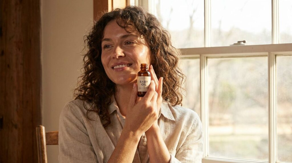 A woman gently massaging baby oil onto her face and neck in a warm relaxed setting focusing on hydration