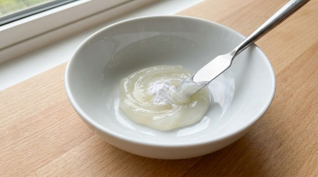 Close-up macro shot of white baking soda powder being stirred into glossy petroleum jelly in a ceramic bowl until evenly